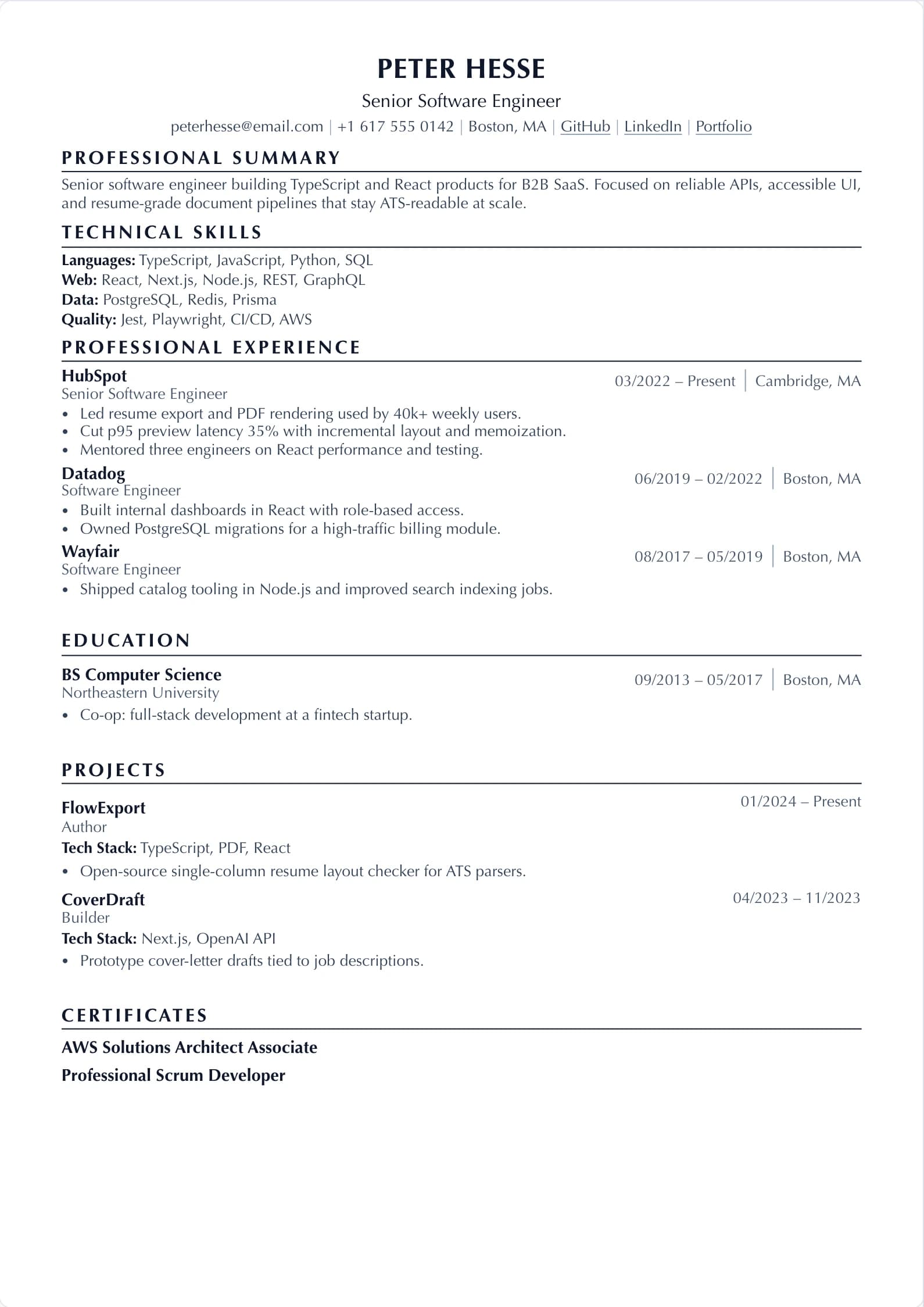 Sample resume preview for Peter Hesse